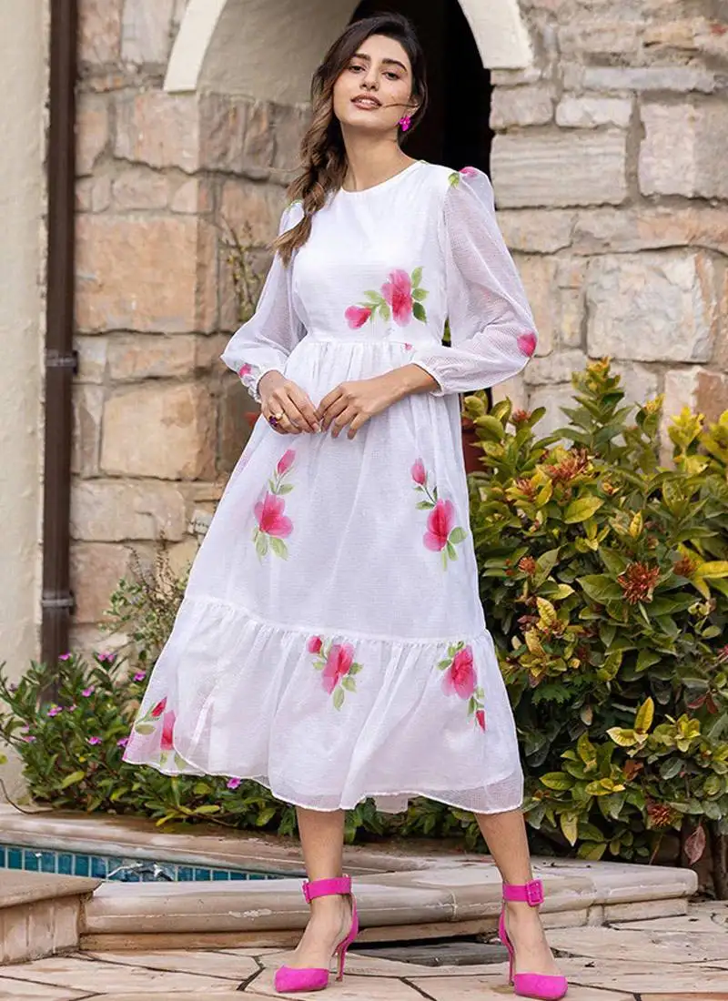 White digital print silk kurti