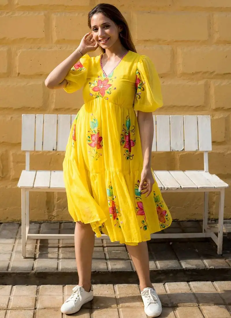 Yellow digital print silk kurti