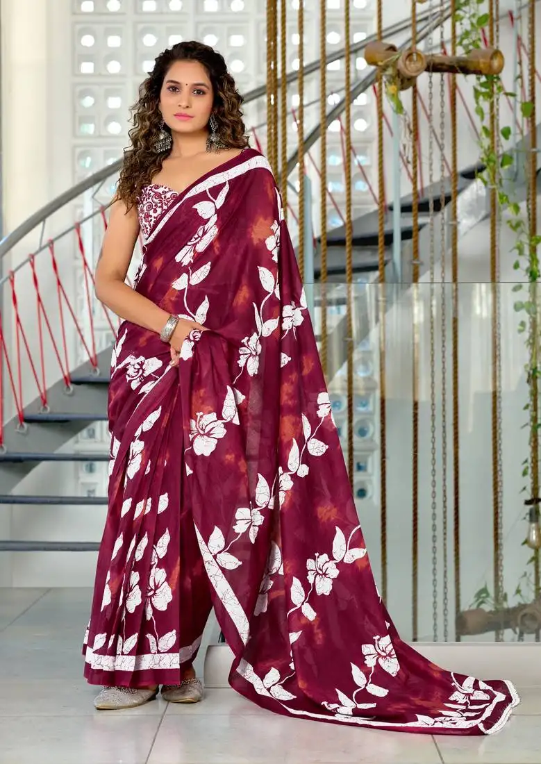 Maroon mulmul cotton hand block floral print saree with printed blouse piece