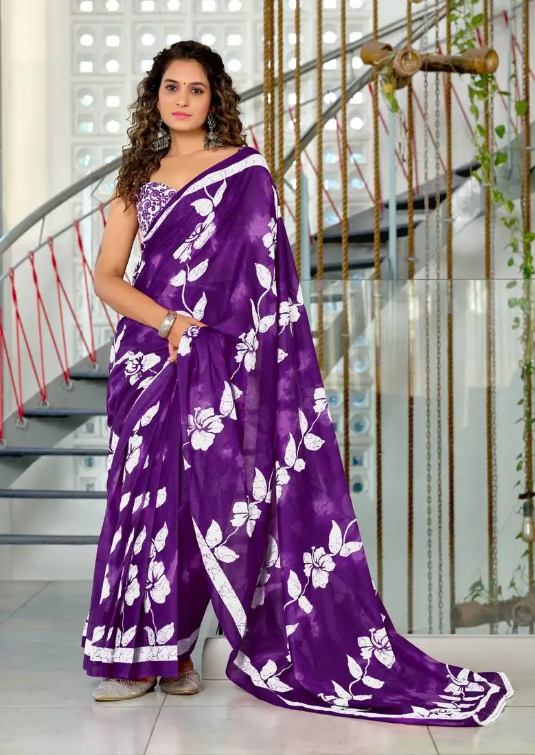 Purple mulmul cotton hand block floral print saree with printed blouse piece