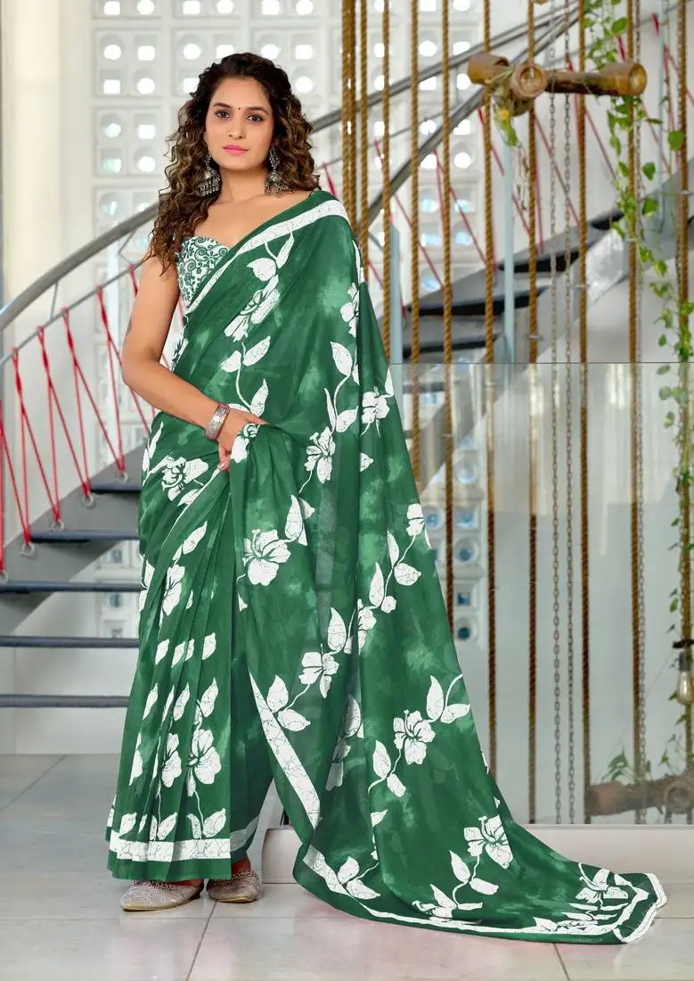 Green mulmul cotton hand block floral print saree with printed blouse piece