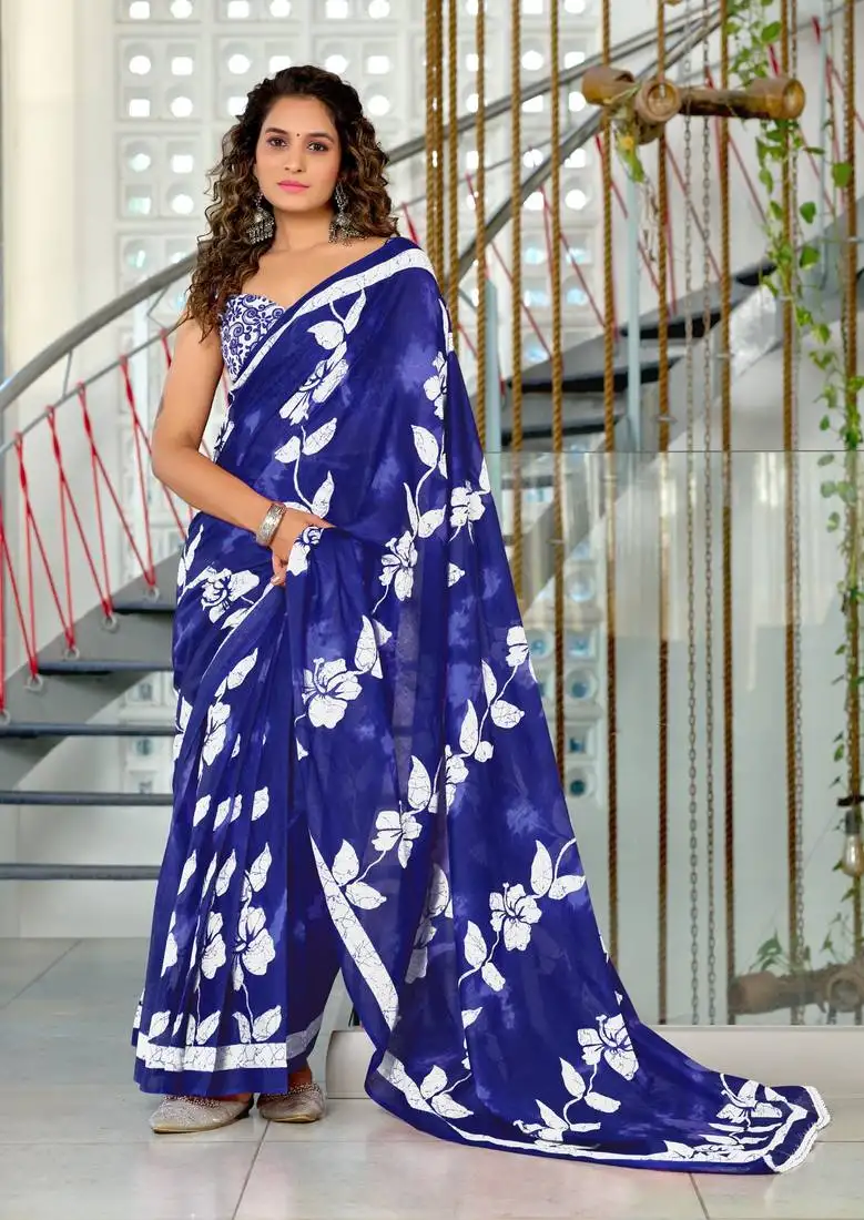 Blue mulmul cotton hand block floral print saree with printed blouse piece