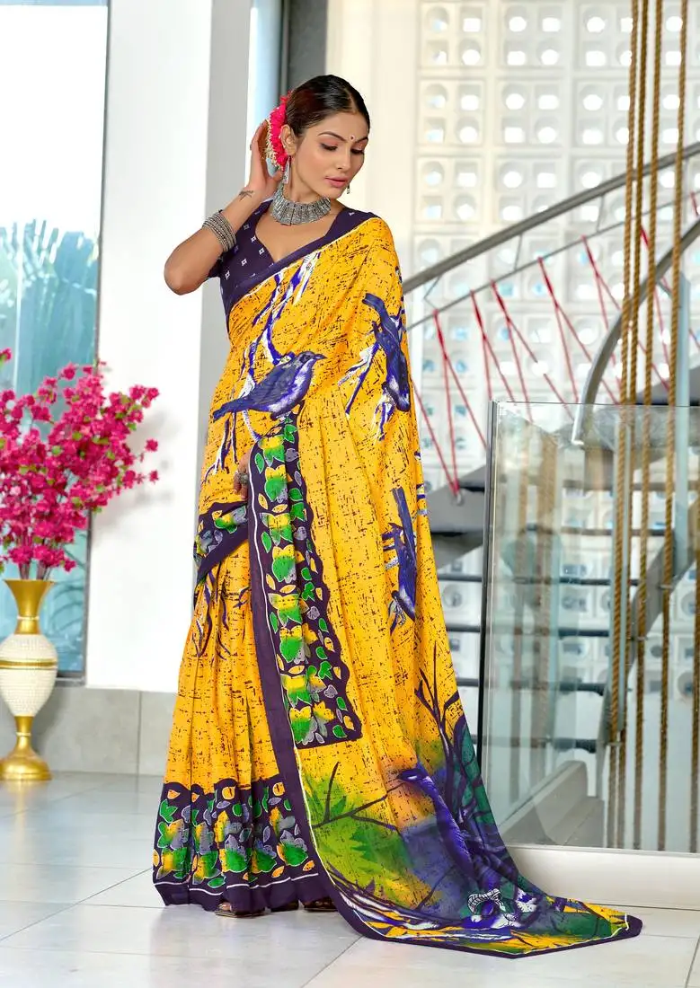 Yellow mulmul cotton hand block printed saree with contrast blouse piece