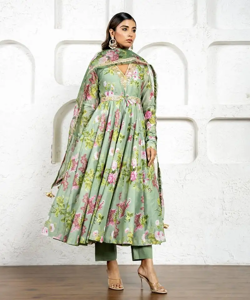 Pista green floral printed & embroidered anarkali set