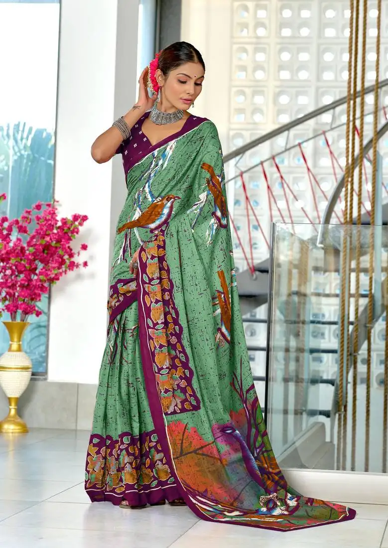 Green mulmul cotton hand block printed saree with contrast blouse piece