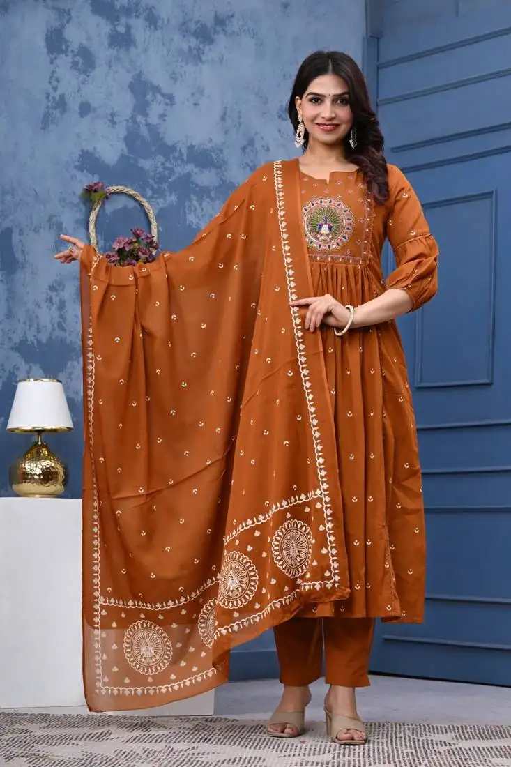 Stylish women mor embroidery anarkali kurta pant & dupatta set