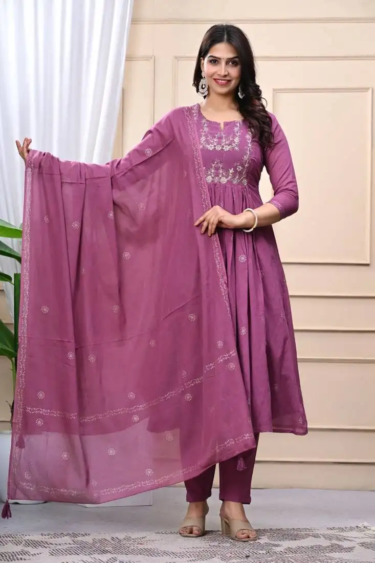 Stylish women dorry embroidery anarkali kurta pant & dupatta set