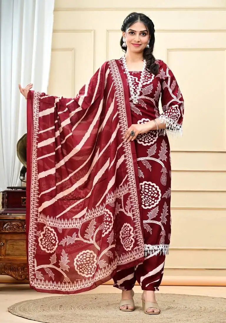 Stylish women rayon long kurta & pant with dupatta set
