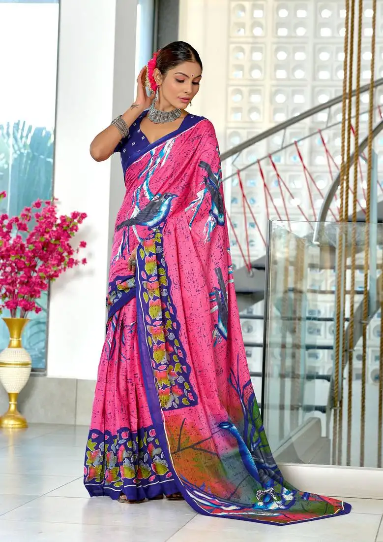 Pink mulmul cotton hand block printed saree with contrast blouse piece
