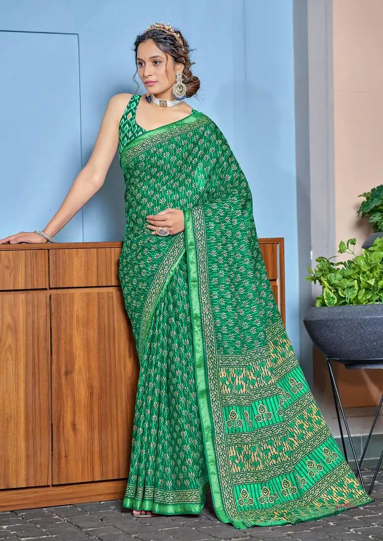 Green bagru block print modal mulcotton saree with blouse