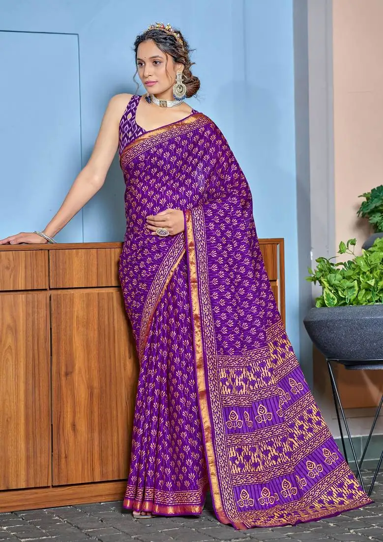Purple bagru block print modal mulcotton saree with blouse