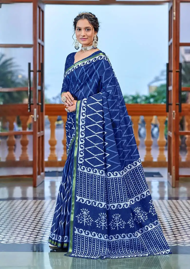 Blue bagru block print modal mulcotton saree with unstitched blouse piece