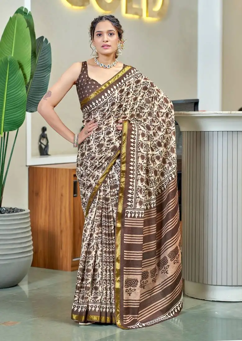 Brown bagru block print modal mulcotton saree with unstitched blouse piece