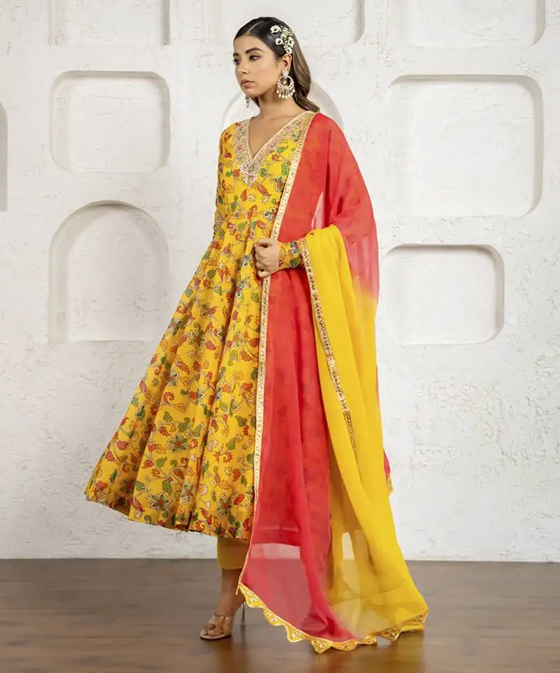 Yellow floral printed & embroidered anarkali set