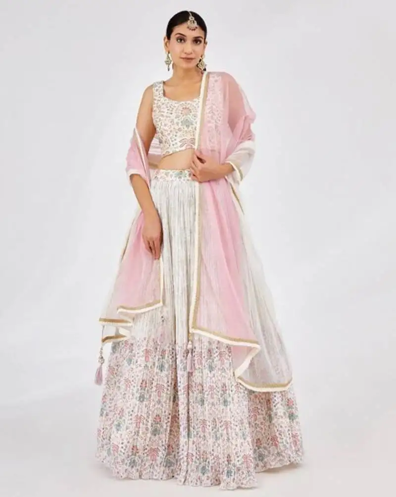 White floral print with embroidery work lehenga choli set