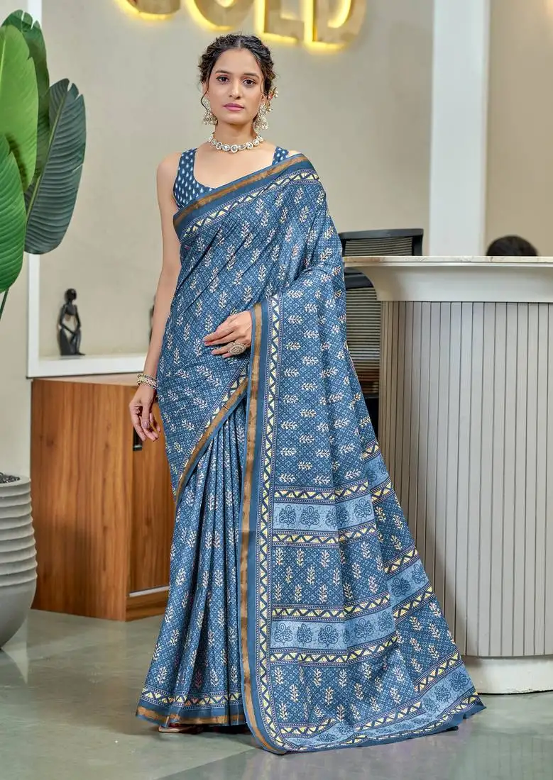 Blue modal mulcotton bagru block print saree with unstitched blouse piece