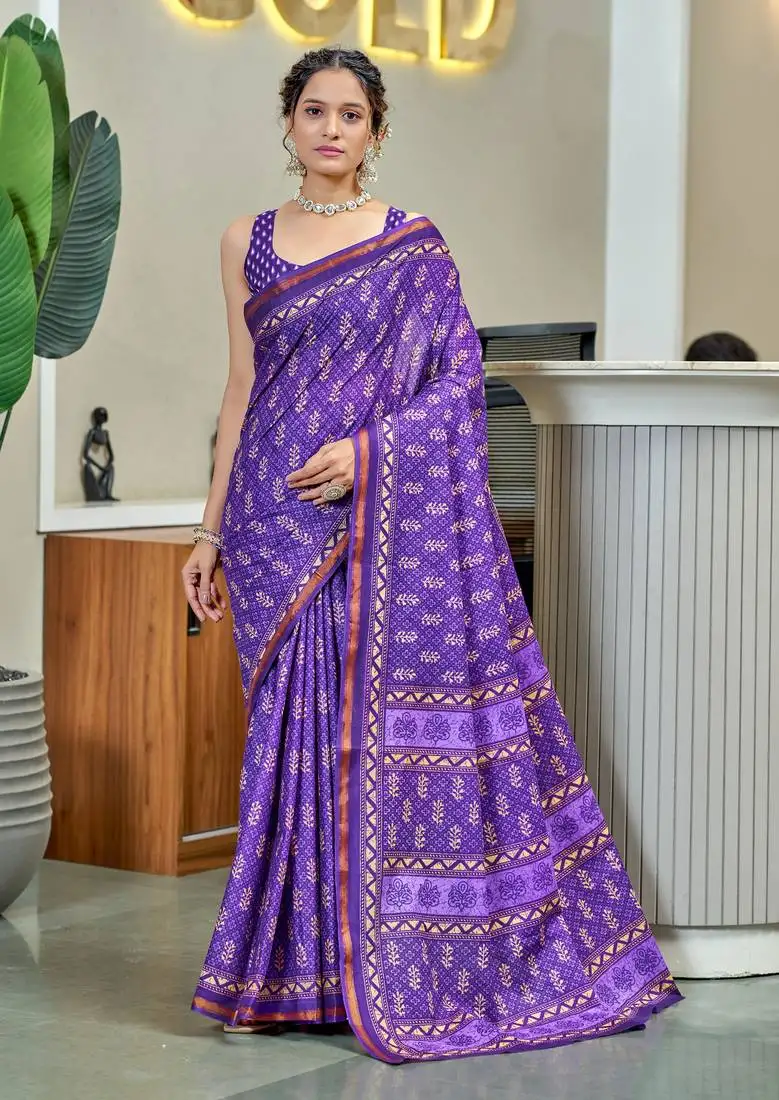 Purple modal mulcotton bagru block print saree with unstitched blouse piece