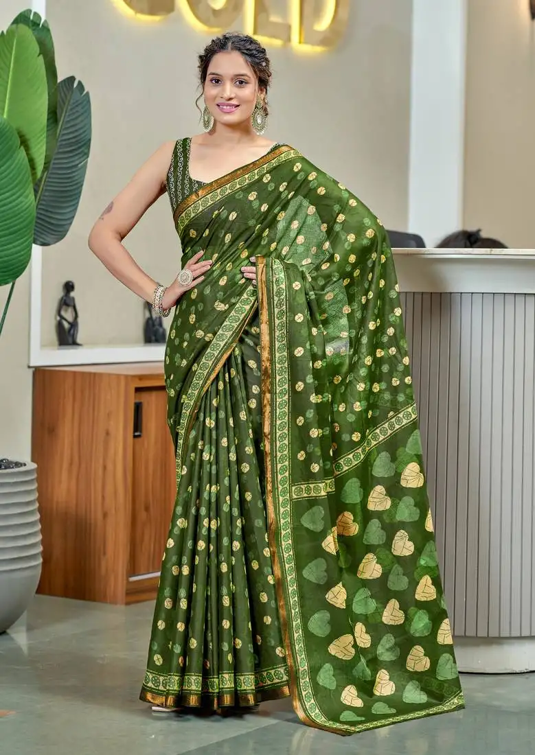 Green modal mulcotton bagru block print saree with unstitched blouse piece