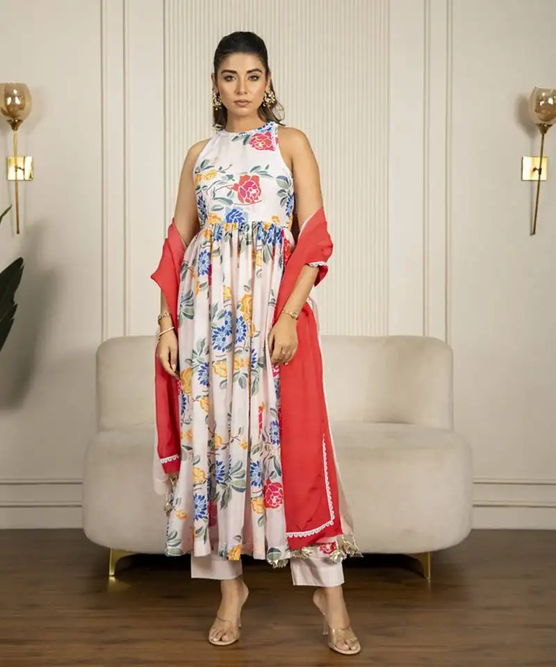 Multi-colored chanderi floral printed anarkali set