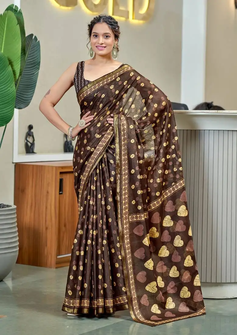 Brown modal mulcotton bagru block print saree with unstitched blouse piece