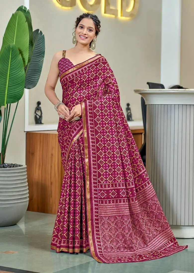 Pink modal mulcotton bagru block print saree with unstitched blouse piece