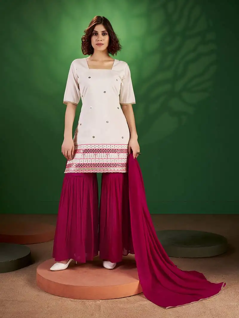 White and red sequine work georgette kurta with sharara and dupatta stitched