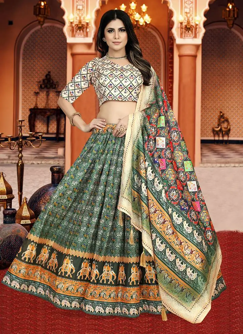 Green digital print silk lehenga