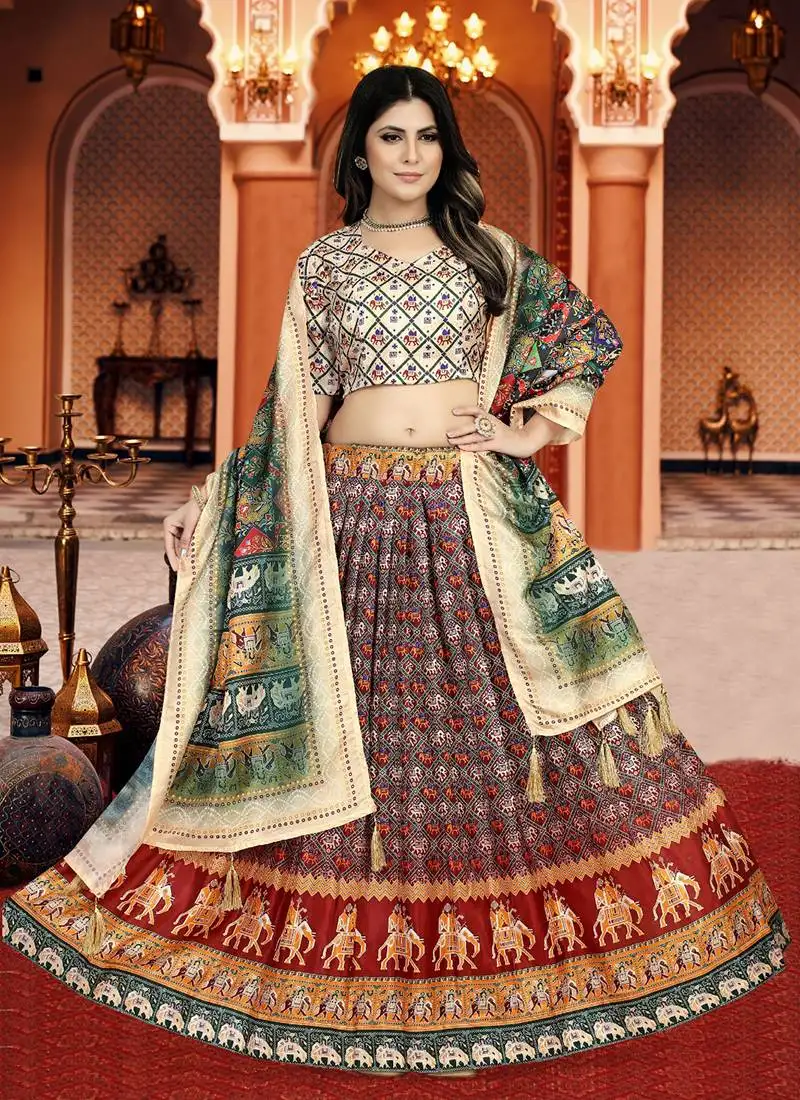 Maroon digital print silk lehenga