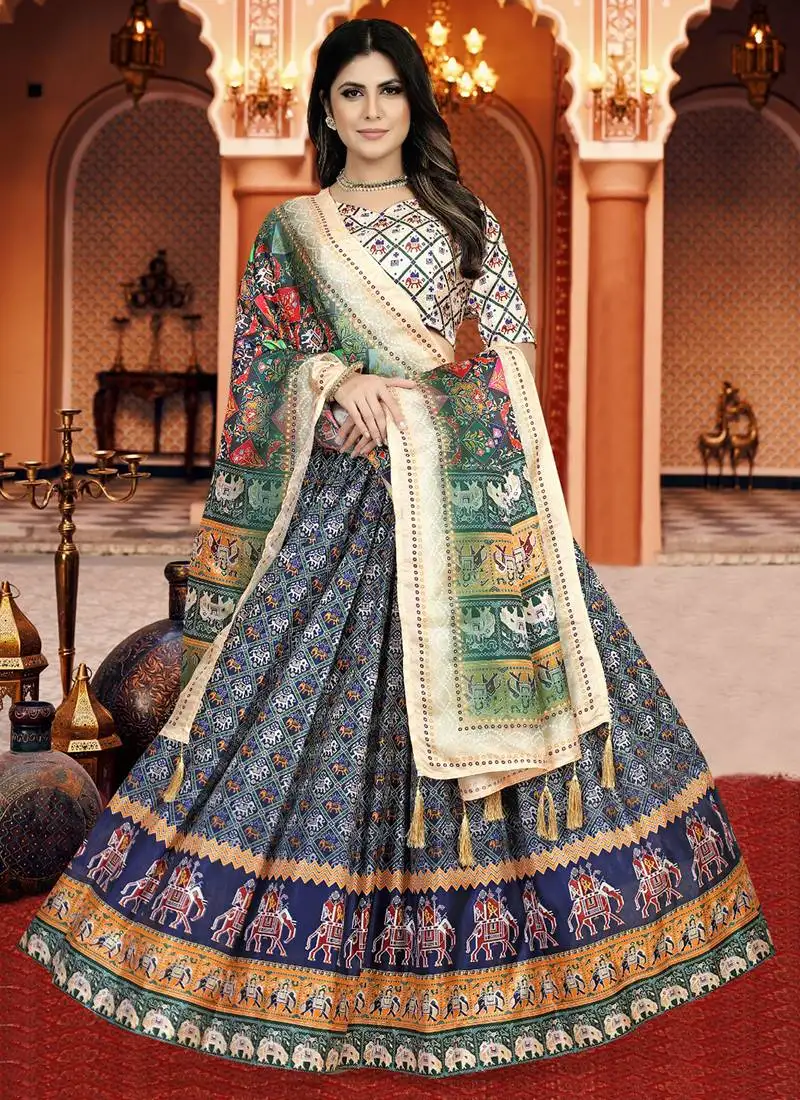 Blue digital print silk lehenga