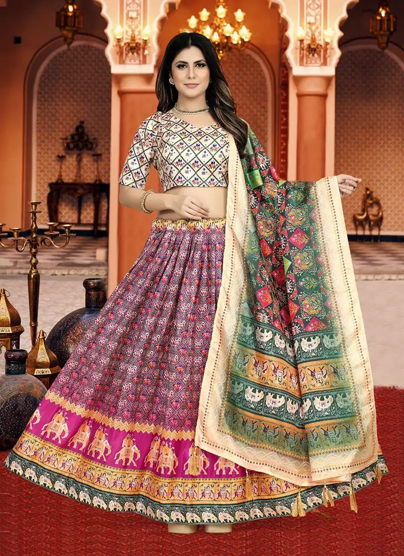 Pink digital print silk lehenga