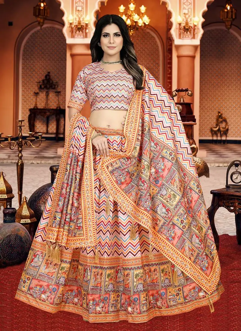 Multicolor digital print silk lehenga