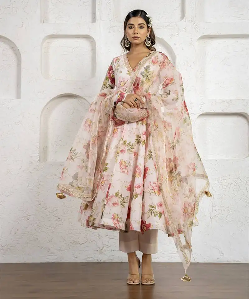 Peach floral printed & embroidered anarkali set
