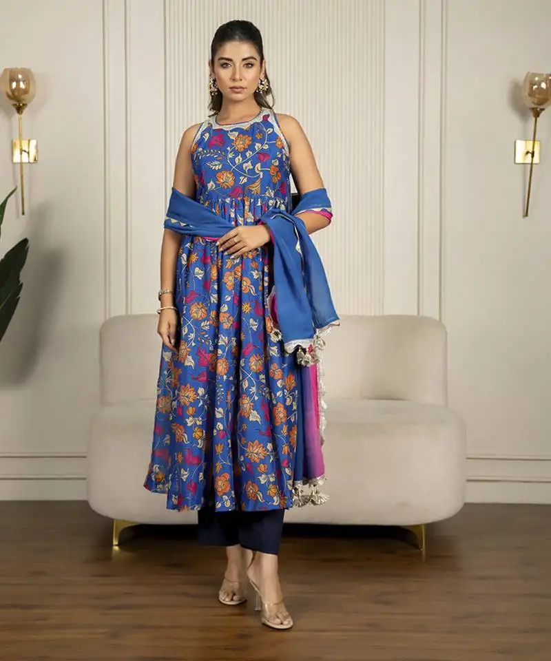 Blue chanderi floral printed anarkali set