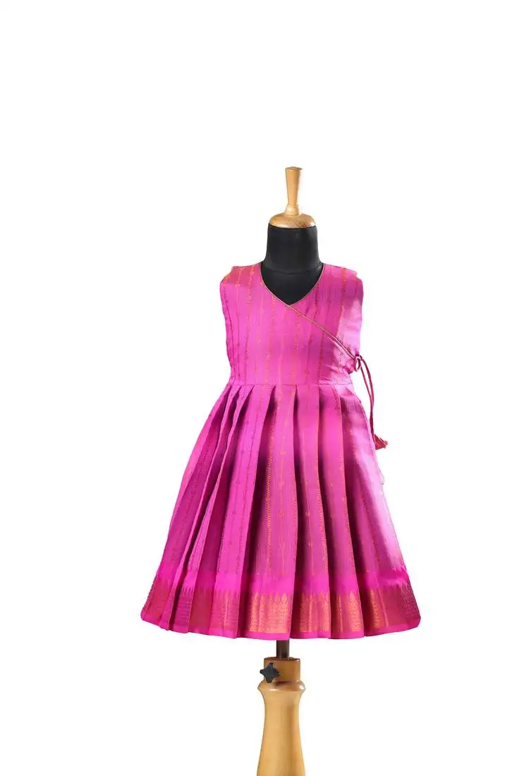 Pink plain zari work banarasi copper rail baby frock for kids