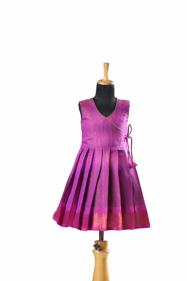 Purple plain zari work banarasi copper rail baby frock for kids