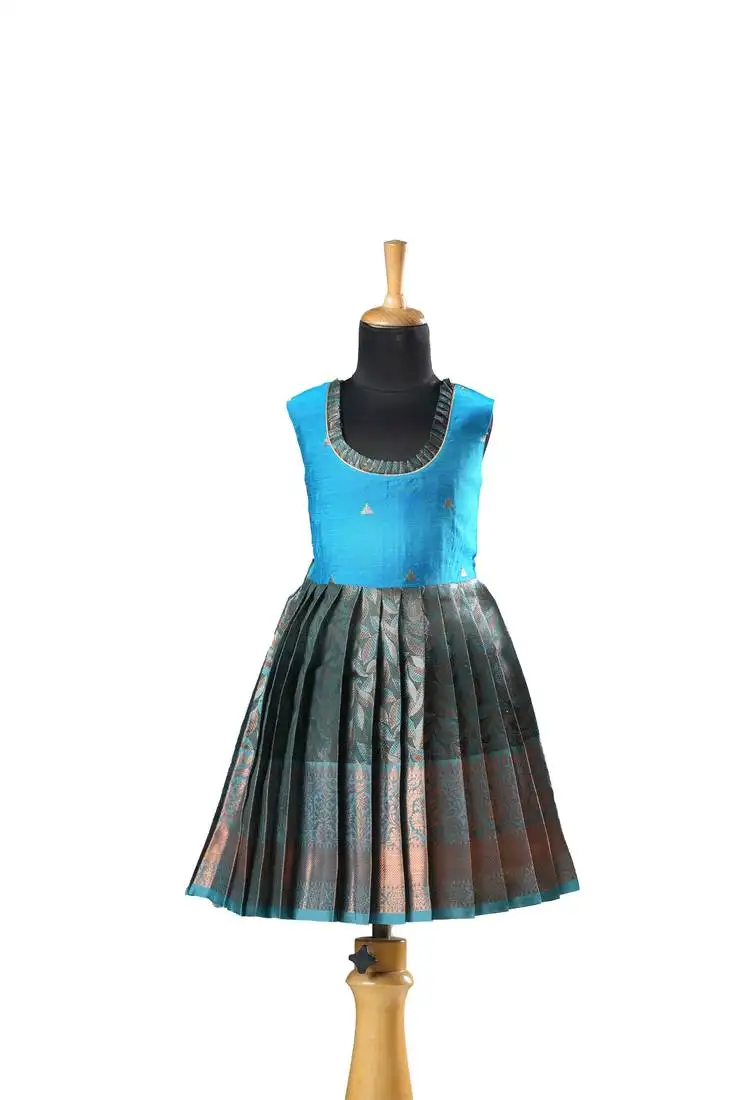 Green plain zari work banarasi copper twin leaf baby frock for kids