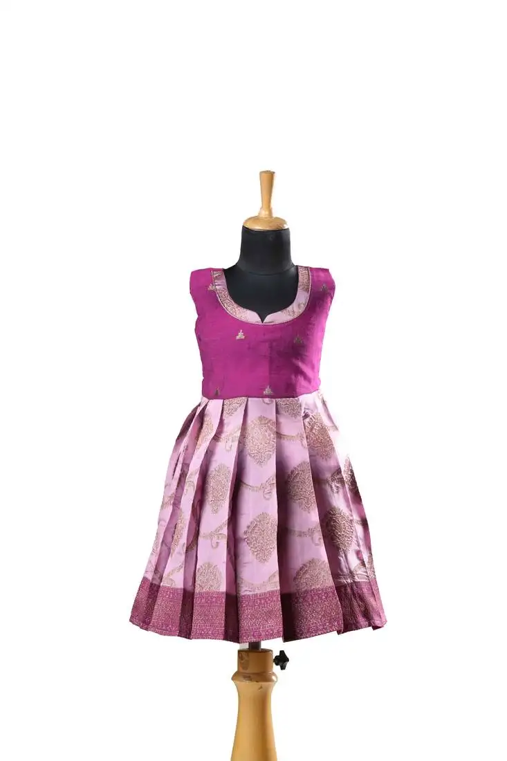 Pink plain zari work banarasi antique pendent baby frock for kids