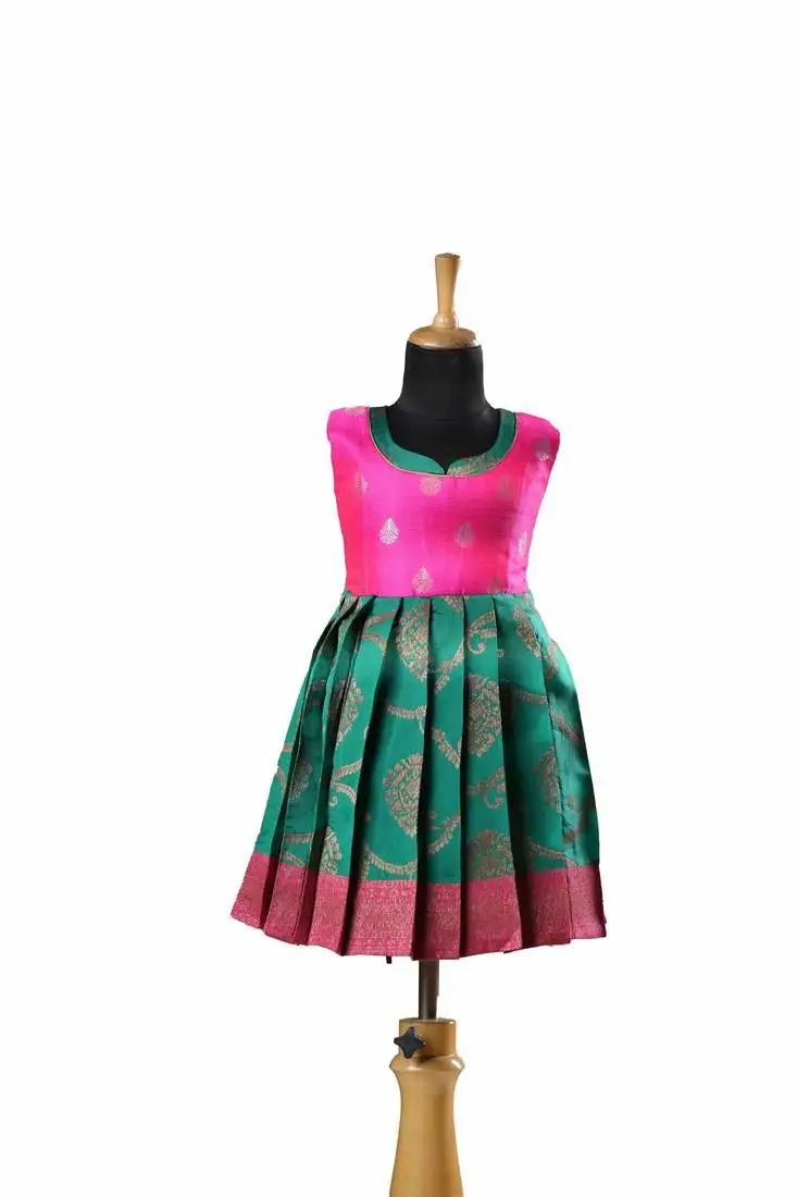 Green plain zari work banarasi antique pendent baby frock for kids