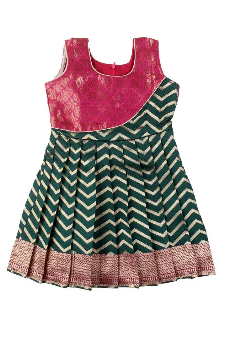 Green plain zari work banarasi golden waves baby frock for girls