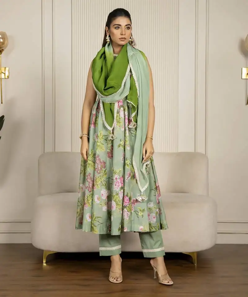 Pista green chanderi floral printed anarkali set