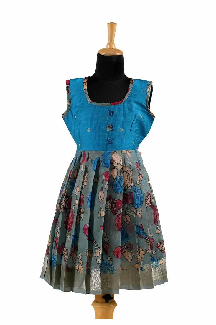 Blue plain zari work banarasi kalamkari fish frock for girls