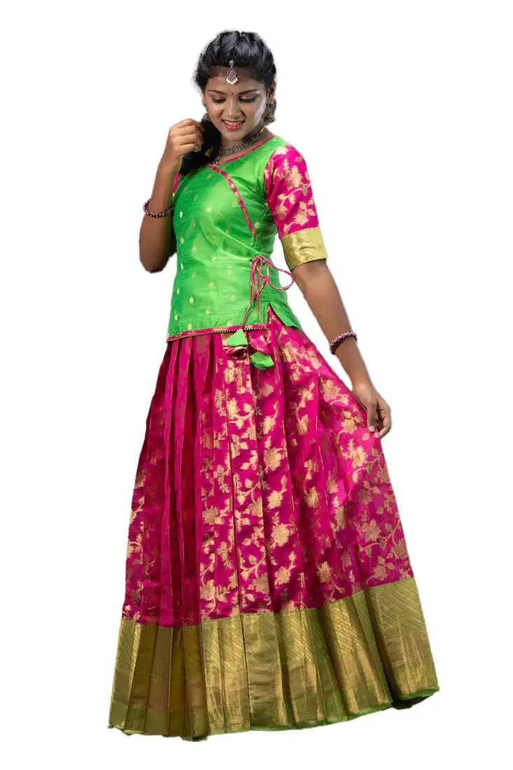 Pink plain zari work banarasi grape vine pavadai set | lehenga