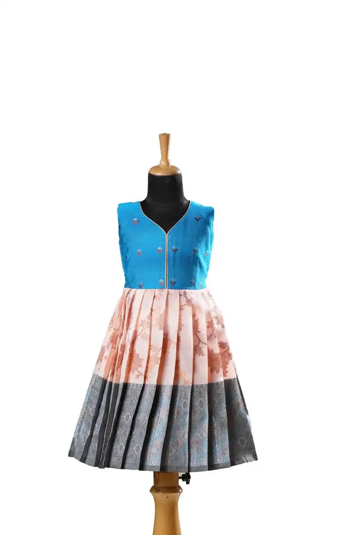 Blue plain zari work banarasi grape climber baby pattu pavadai frocks for kids