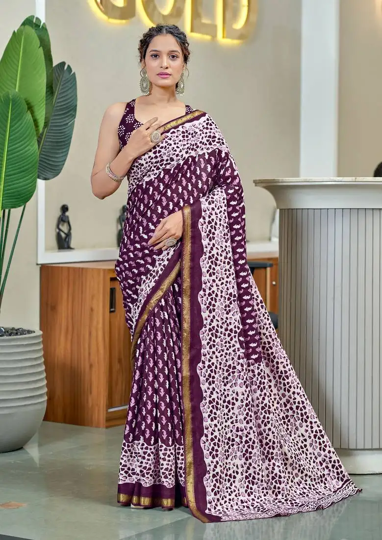 Wine mul cotton bagru block print saree with unstitched blouse