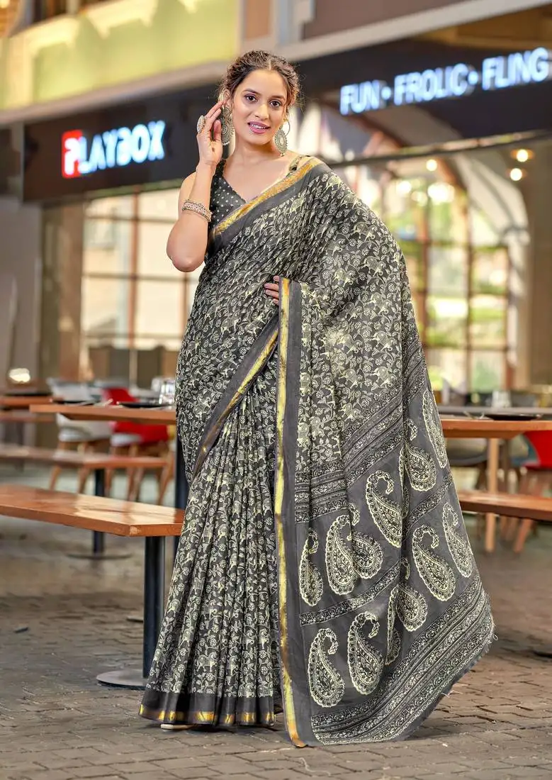 Grey modal mulcotton bagru block print saree with unstitched blouse piece
