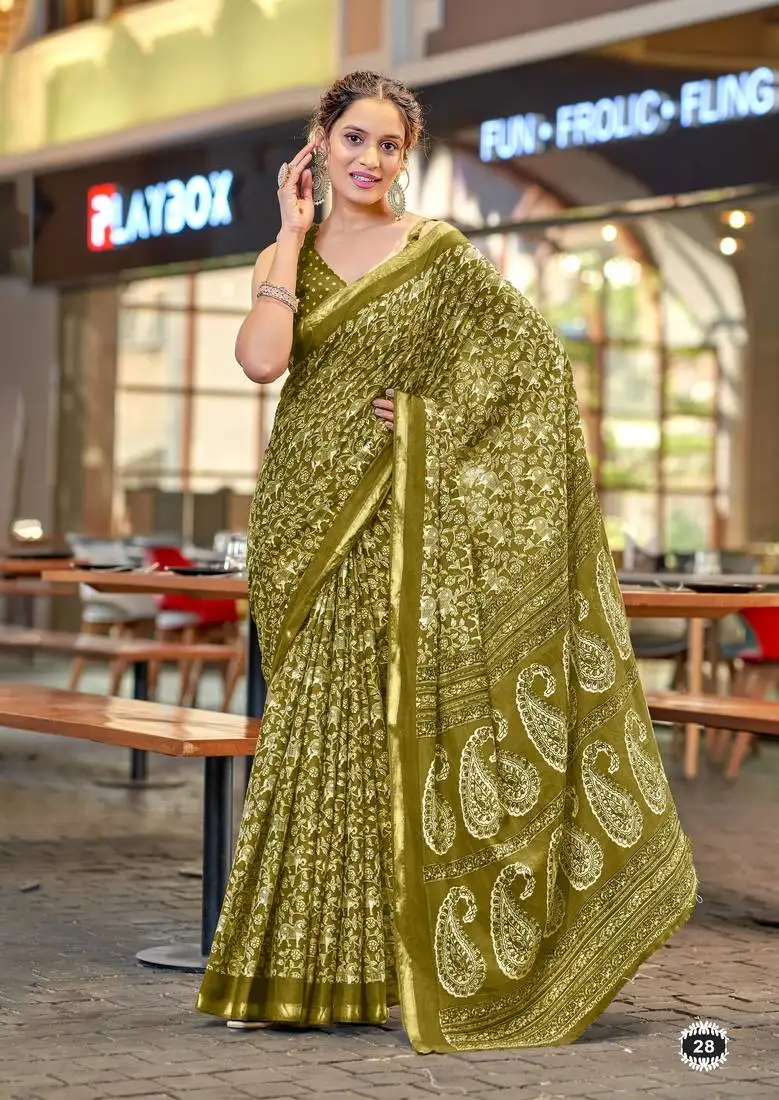 Mustard modal mulcotton bagru block print saree with unstitched blouse piece