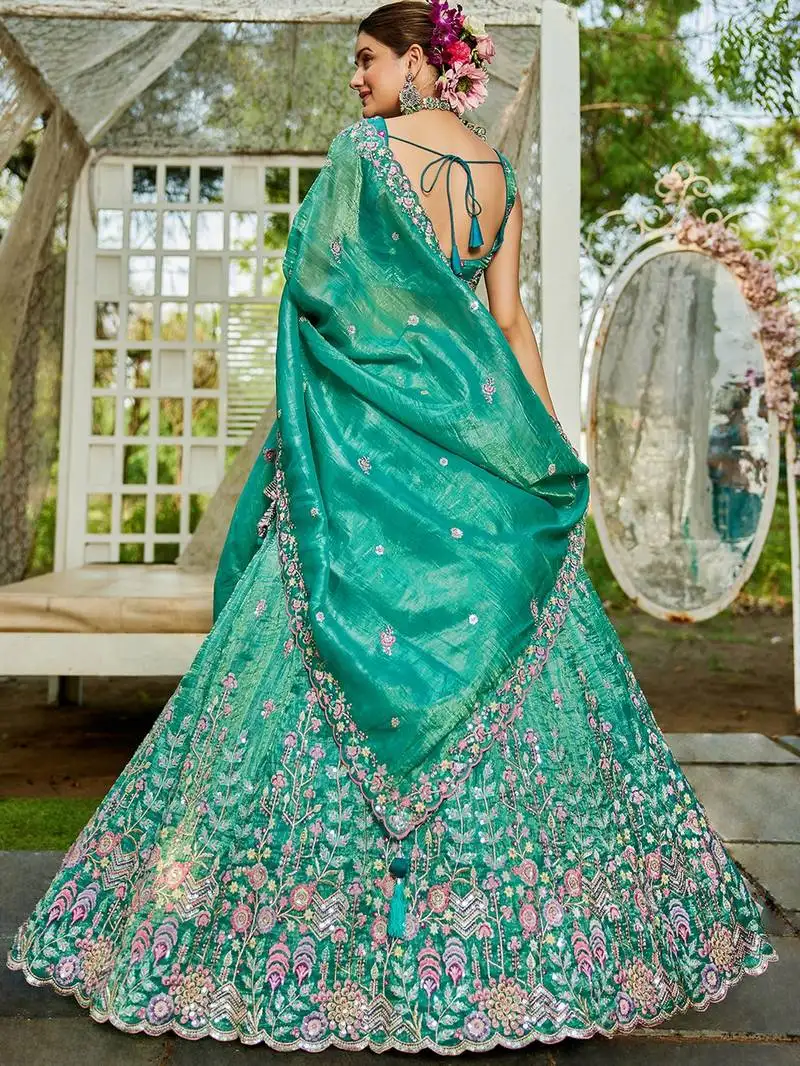 Sea green tissue sequin embroidery semi stitched lehenga choli with dupatta