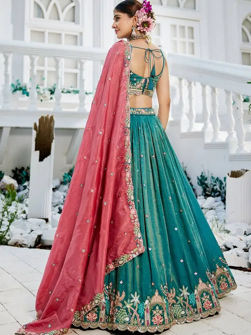 Sea green satin sequin embroidery semi stitched lehenga choli with dupatta