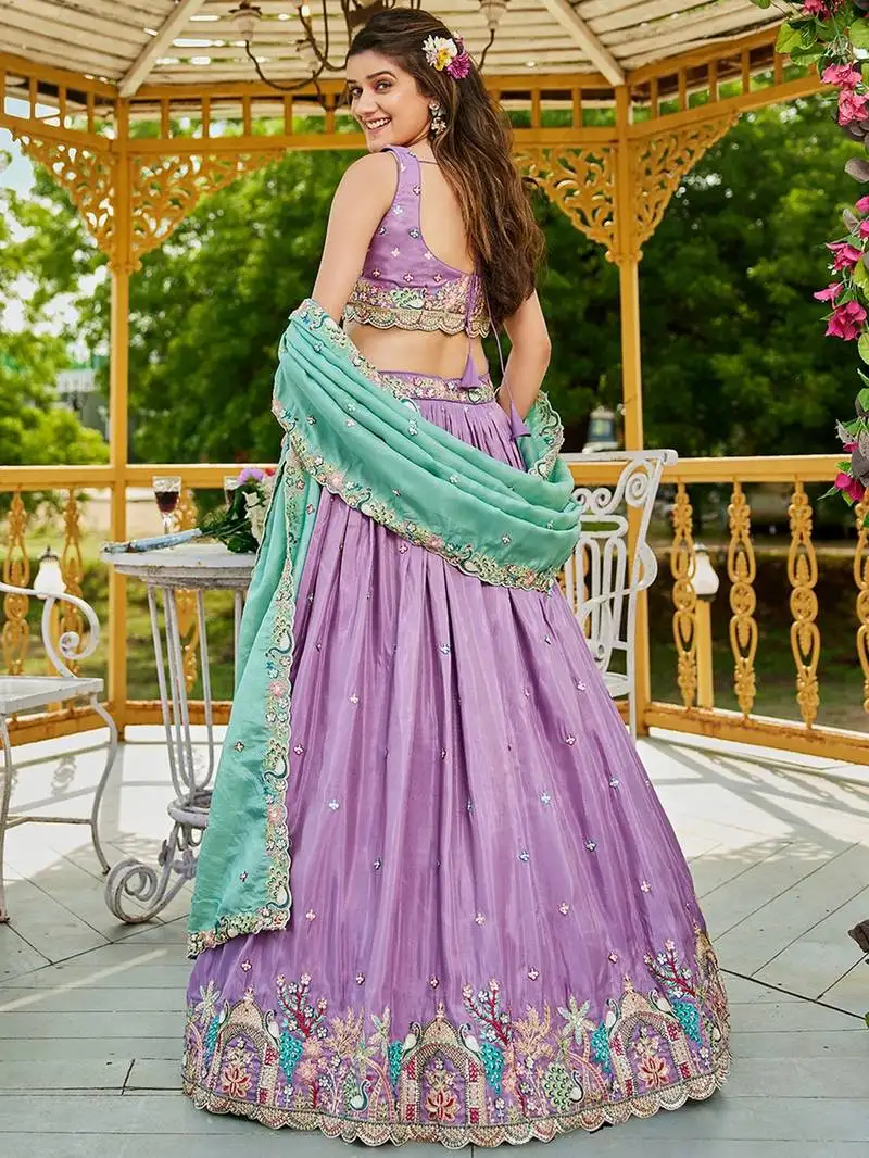 Lavender satin sequin embroidery semi stitched lehenga choli with dupatta