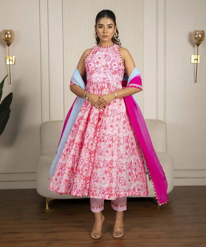 Neon pink chanderi floral printed anarkali set
